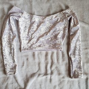 White rainbow sparkle off the shoulder crop top
